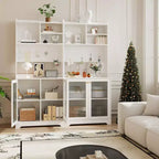 Meuble de rangement de cuisine autoportant de 180 cm avec 2 portes vitrées, rangement ouvert et étagères réglables, buffet de style fermier pour bar à café