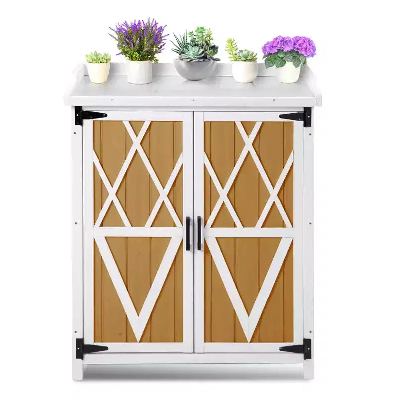 Armoire de rangement étanche, établi de jardin en bois avec 2 étagères amovibles, plateau en métal galvanisé, utilisable en intérieur et en extérieur.