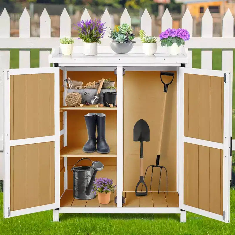 Armoire de rangement étanche, établi de jardin en bois avec 2 étagères amovibles, plateau en métal galvanisé, utilisable en intérieur et en extérieur.