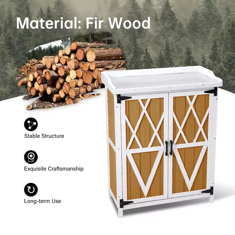 Armoire de rangement étanche, établi de jardin en bois avec 2 étagères amovibles, plateau en métal galvanisé, utilisable en intérieur et en extérieur.