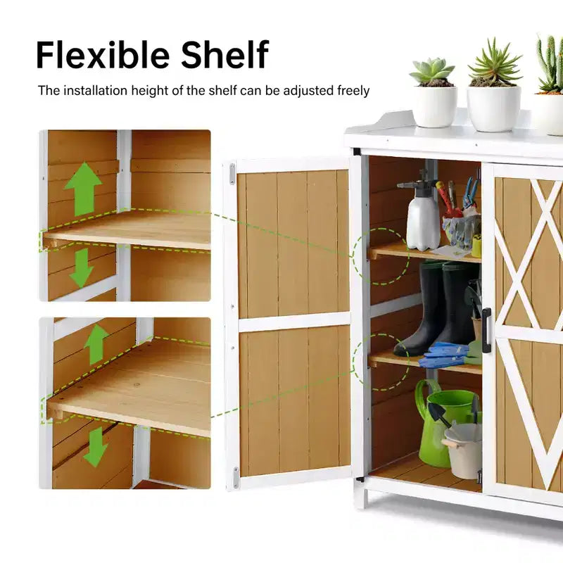 Armoire de rangement étanche, établi de jardin en bois avec 2 étagères amovibles, plateau en métal galvanisé, utilisable en intérieur et en extérieur.