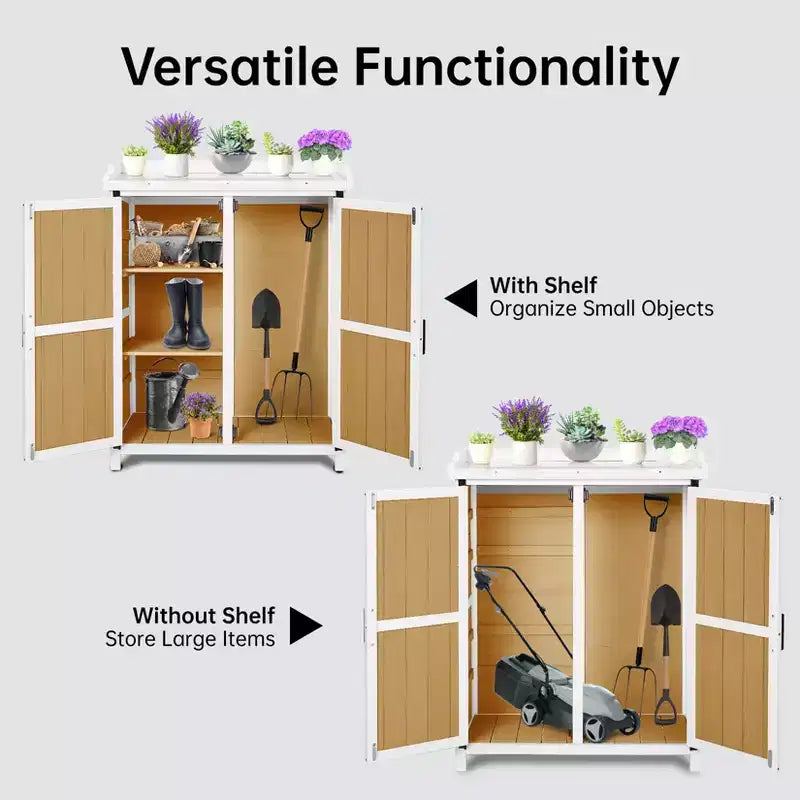 Armoire de rangement étanche, établi de jardin en bois avec 2 étagères amovibles, plateau en métal galvanisé, utilisable en intérieur et en extérieur.