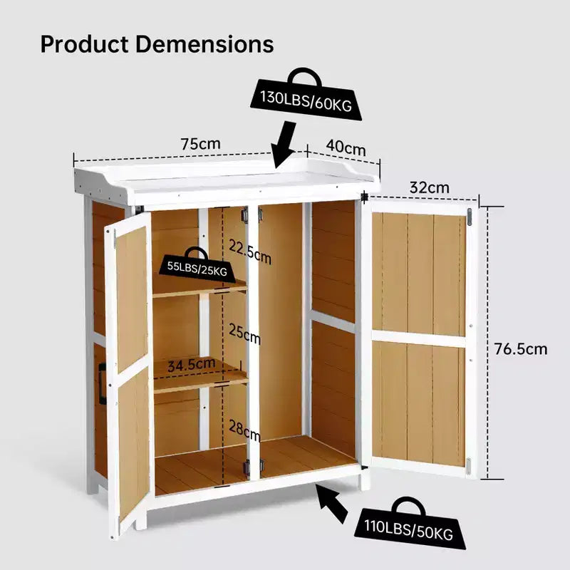 Armoire de rangement étanche, établi de jardin en bois avec 2 étagères amovibles, plateau en métal galvanisé, utilisable en intérieur et en extérieur.