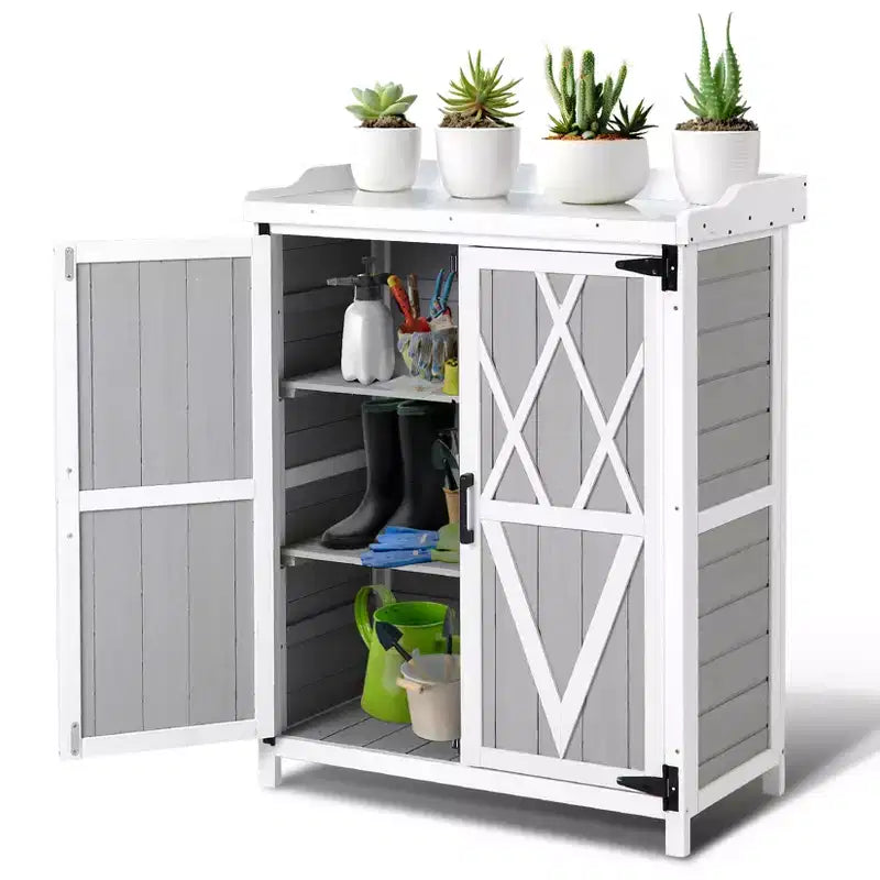 Armoire de rangement étanche, établi de jardin en bois avec 2 étagères amovibles, plateau en métal galvanisé, utilisable en intérieur et en extérieur.