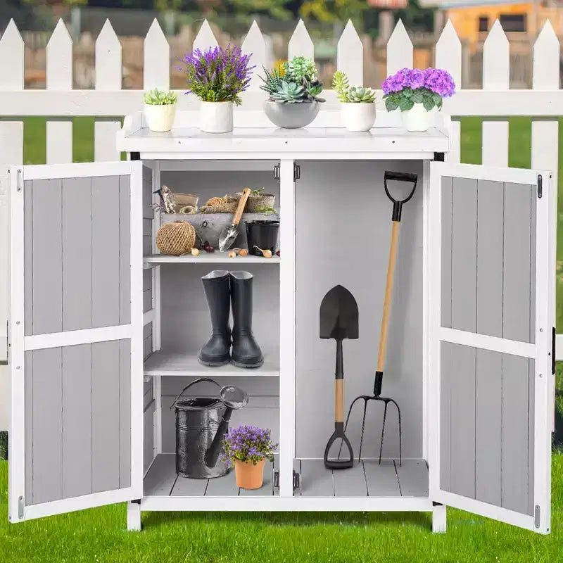 Armoire de rangement étanche, établi de jardin en bois avec 2 étagères amovibles, plateau en métal galvanisé, utilisable en intérieur et en extérieur.