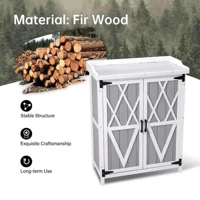 Armoire de rangement étanche, établi de jardin en bois avec 2 étagères amovibles, plateau en métal galvanisé, utilisable en intérieur et en extérieur.