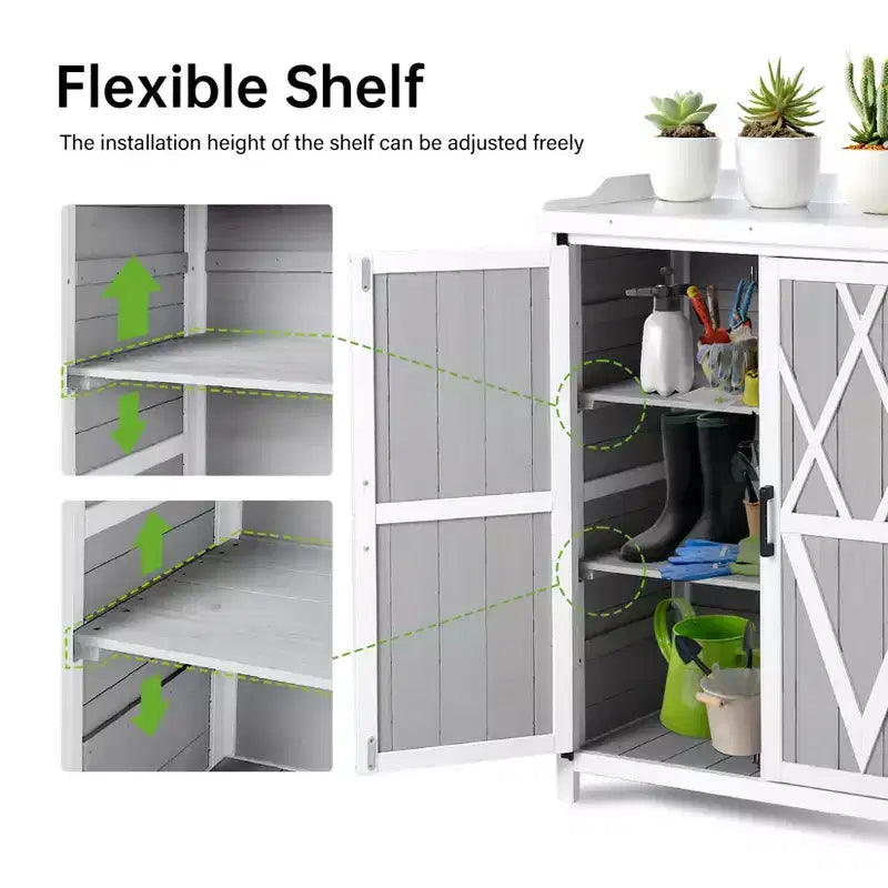 Armoire de rangement étanche, établi de jardin en bois avec 2 étagères amovibles, plateau en métal galvanisé, utilisable en intérieur et en extérieur.