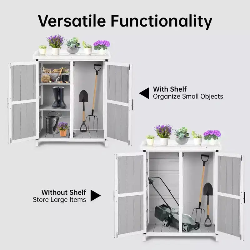Armoire de rangement étanche, établi de jardin en bois avec 2 étagères amovibles, plateau en métal galvanisé, utilisable en intérieur et en extérieur.