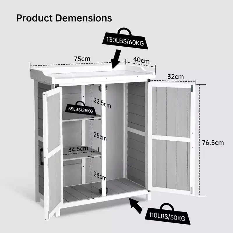 Armoire de rangement étanche, établi de jardin en bois avec 2 étagères amovibles, plateau en métal galvanisé, utilisable en intérieur et en extérieur.
