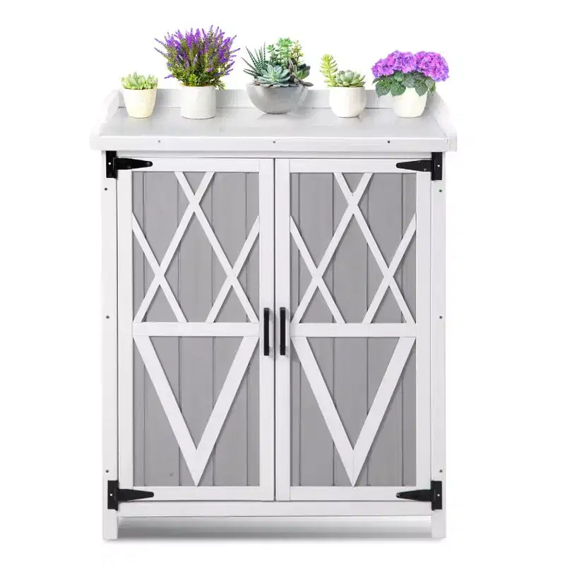 Waterproof storage cabinet, wooden garden workbench with 2 removable shelves, galvanized metal tabletop, suitable for indoor and outdoor use.