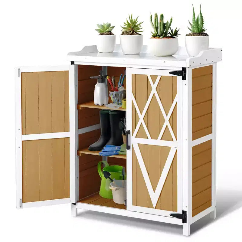 Armoire de rangement étanche, établi de jardin en bois avec 2 étagères amovibles, plateau en métal galvanisé, utilisable en intérieur et en extérieur.