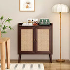 JVNOXK Buffet avec Rangement, Meuble Bar à Liqueurs avec Portes Décorées en Rotin, pour Couloir, Noyer