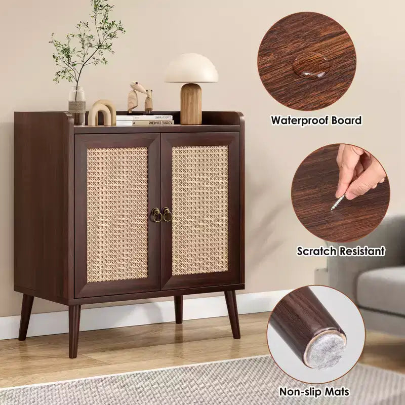 JVNOXK Buffet avec Rangement, Meuble Bar à Liqueurs avec Portes Décorées en Rotin, pour Couloir, Noyer