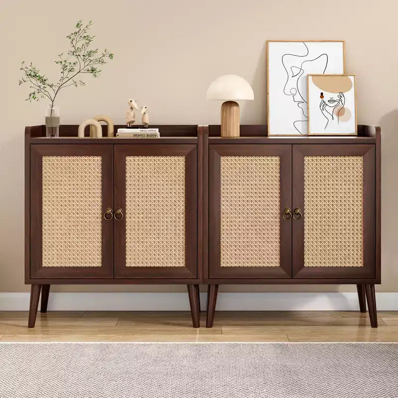 JVNOXK Buffet avec Rangement, Meuble Bar à Liqueurs avec Portes Décorées en Rotin, pour Couloir, Noyer