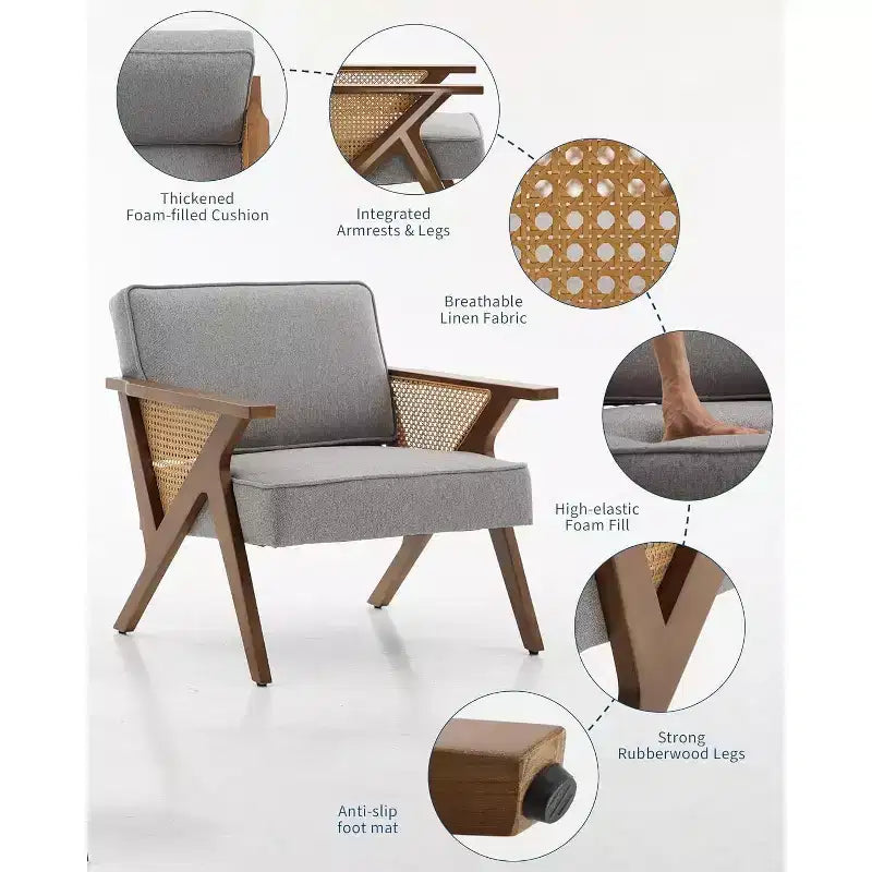 Fauteuil d'appoint, Fauteuil moderne avec pieds en bois, Fauteuil de salon rembourré en tissu de lin pour salon, chambre à coucher
