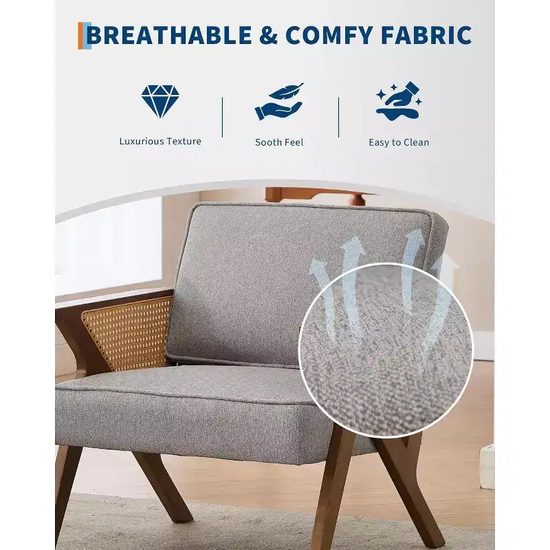 Fauteuil d'appoint, Fauteuil moderne avec pieds en bois, Fauteuil de salon rembourré en tissu de lin pour salon, chambre à coucher