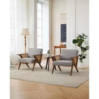 Fauteuil d'appoint, Fauteuil moderne avec pieds en bois, Fauteuil de salon rembourré en tissu de lin pour salon, chambre à coucher
