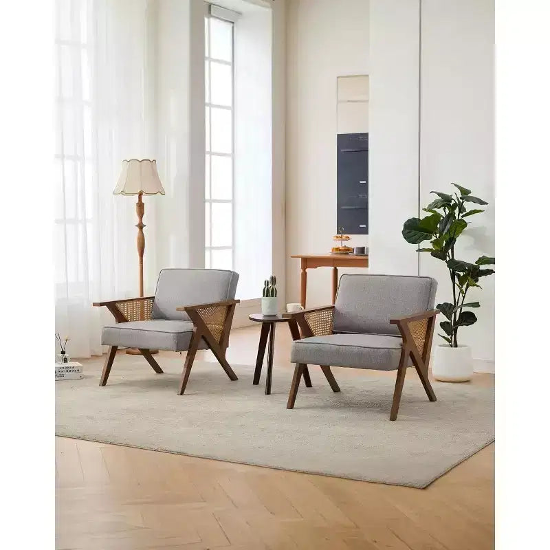 Fauteuil d'appoint, Fauteuil moderne avec pieds en bois, Fauteuil de salon rembourré en tissu de lin pour salon, chambre à coucher