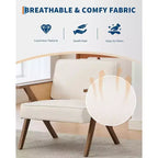 Fauteuil d'appoint, Fauteuil moderne avec pieds en bois, Fauteuil de salon rembourré en tissu de lin pour salon, chambre à coucher