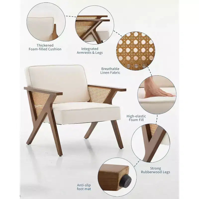 Fauteuil d'appoint, Fauteuil moderne avec pieds en bois, Fauteuil de salon rembourré en tissu de lin pour salon, chambre à coucher