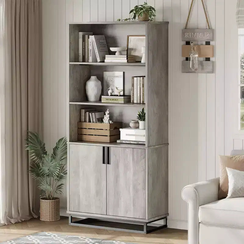 Bibliothèque avec porte, étagère de présentation sur pied de style ferme à 5 niveaux avec armoire de rangement et étagères réglables, adaptée aux chambres à coucher
