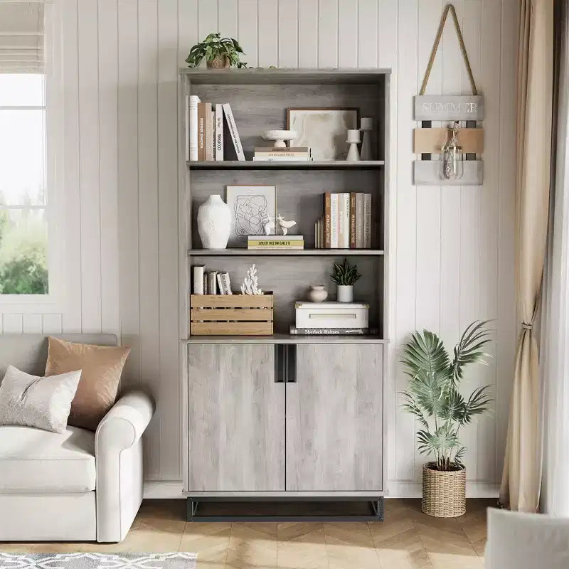 Bibliothèque avec porte, étagère de présentation sur pied de style ferme à 5 niveaux avec armoire de rangement et étagères réglables, adaptée aux chambres à coucher