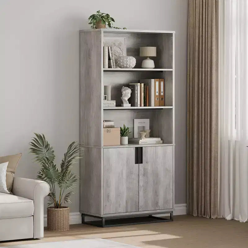Bibliothèque avec porte, étagère de présentation sur pied de style ferme à 5 niveaux avec armoire de rangement et étagères réglables, adaptée aux chambres à coucher