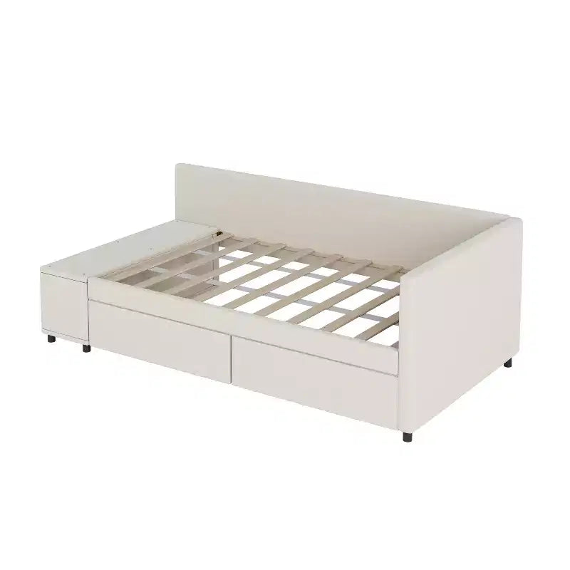 Lit de repos rembourré en bois en forme de L avec étagère de rangement latérale, lit de jour en velours pour chambre à coucher avec 2 tiroirs, taille simple