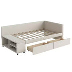 Lit de repos rembourré en bois en forme de L avec étagère de rangement latérale, lit de jour en velours pour chambre à coucher avec 2 tiroirs, taille simple