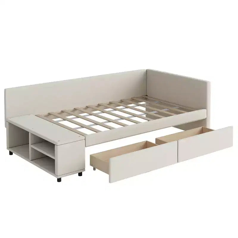 Lit de repos rembourré en bois en forme de L avec étagère de rangement latérale, lit de jour en velours pour chambre à coucher avec 2 tiroirs, taille simple