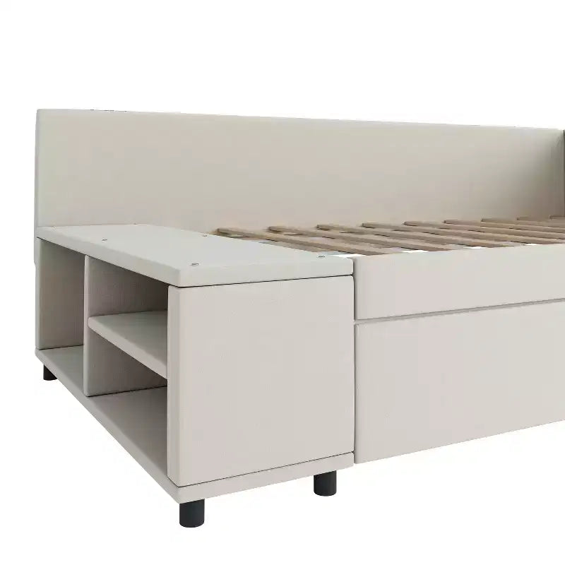 Lit de repos rembourré en bois en forme de L avec étagère de rangement latérale, lit de jour en velours pour chambre à coucher avec 2 tiroirs, taille simple