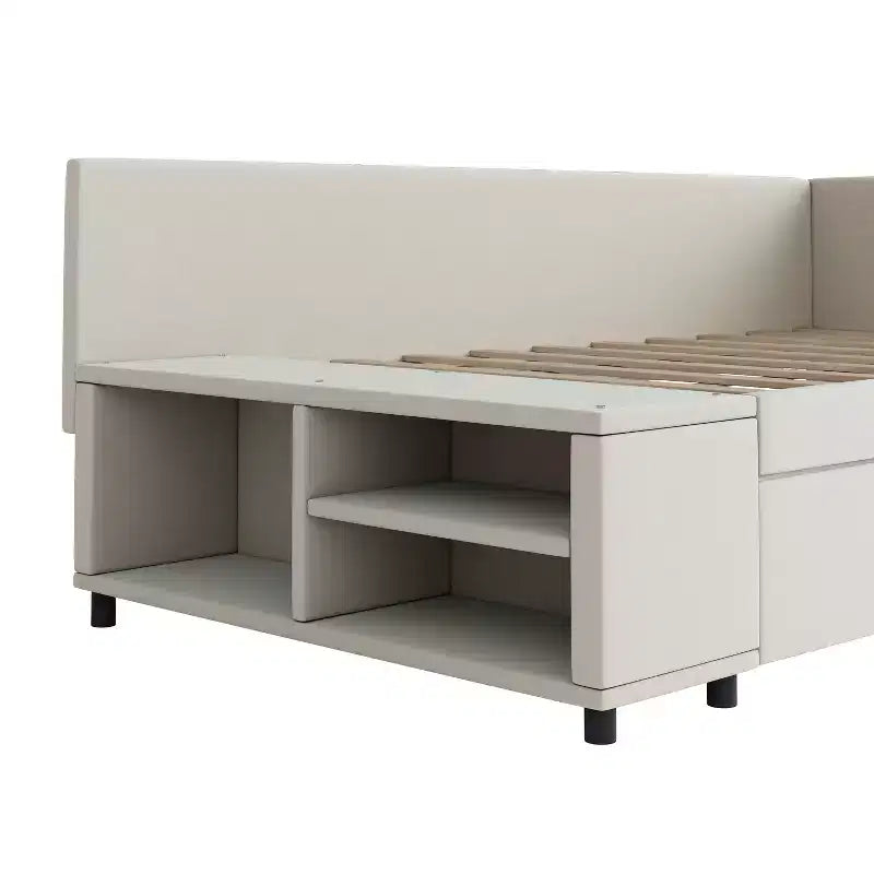 Lit de repos rembourré en bois en forme de L avec étagère de rangement latérale, lit de jour en velours pour chambre à coucher avec 2 tiroirs, taille simple
