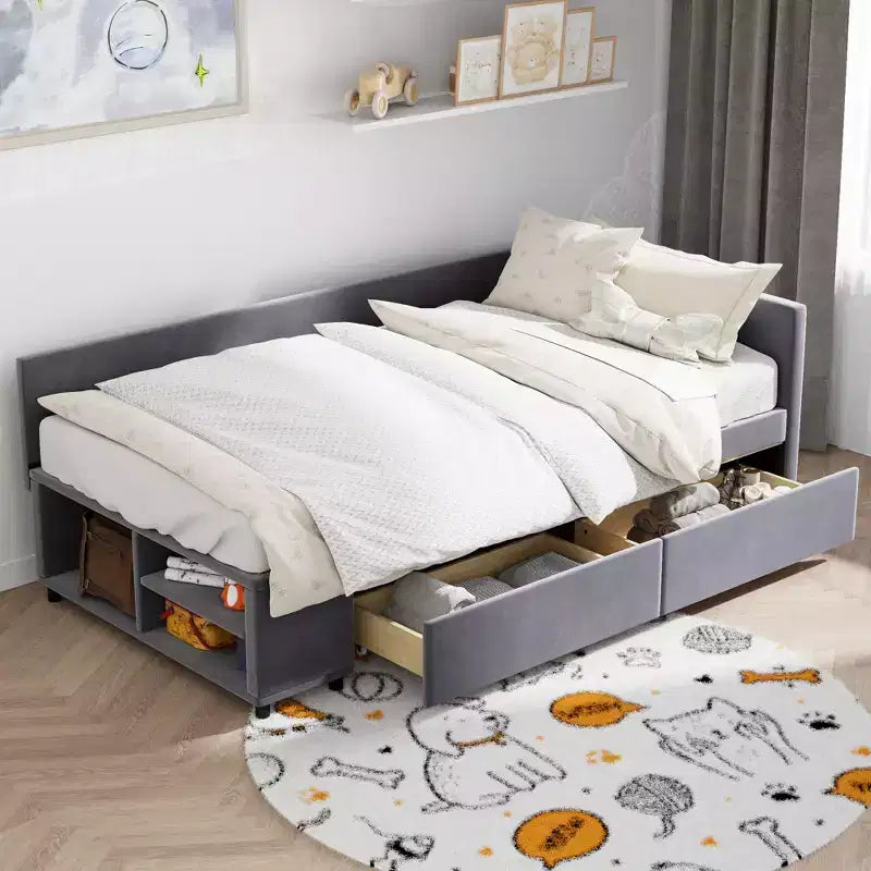 Lit de repos rembourré en bois en forme de L avec étagère de rangement latérale, lit de jour en velours pour chambre à coucher avec 2 tiroirs, taille simple