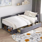 Lit de repos rembourré en bois en forme de L avec étagère de rangement latérale, lit de jour en velours pour chambre à coucher avec 2 tiroirs, taille simple