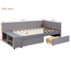 Lit de repos rembourré en bois en forme de L avec étagère de rangement latérale, lit de jour en velours pour chambre à coucher avec 2 tiroirs, taille simple