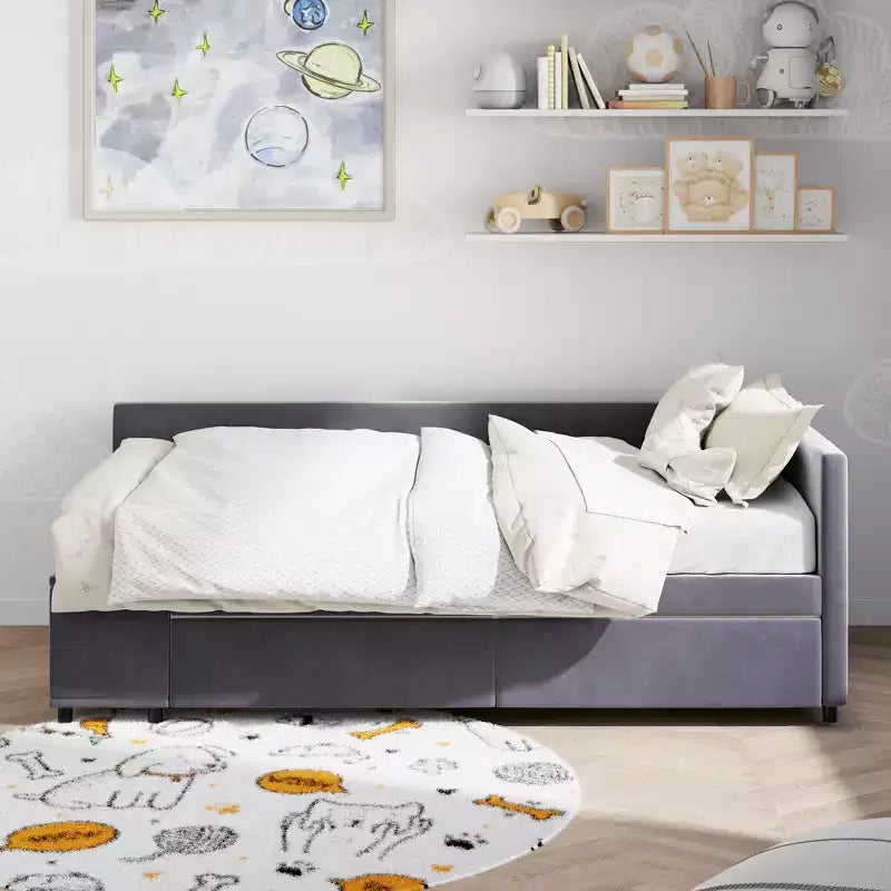 Lit de repos rembourré en bois en forme de L avec étagère de rangement latérale, lit de jour en velours pour chambre à coucher avec 2 tiroirs, taille simple