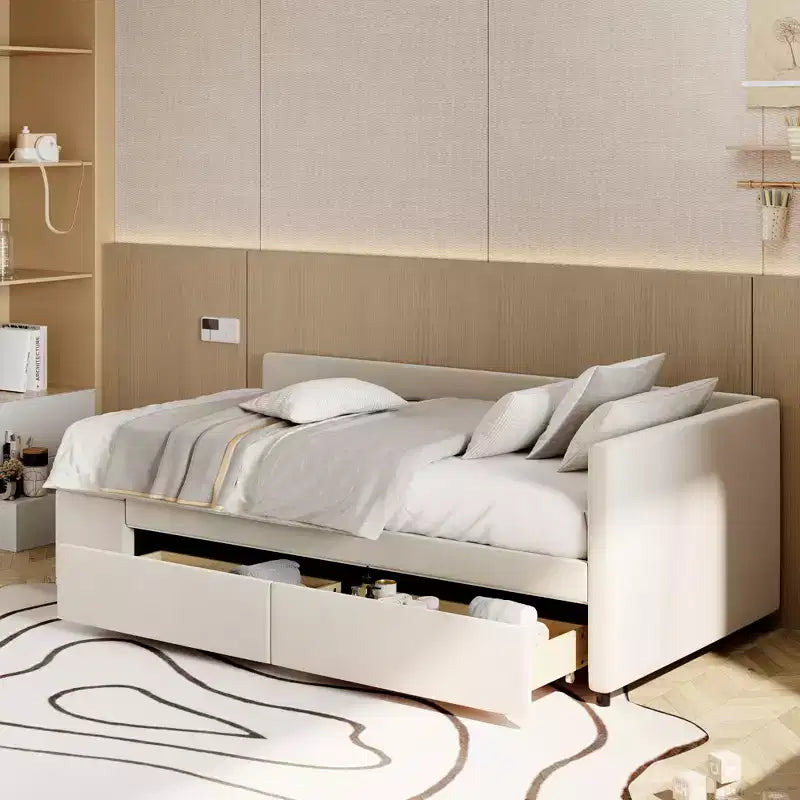 Lit de repos rembourré en bois en forme de L avec étagère de rangement latérale, lit de jour en velours pour chambre à coucher avec 2 tiroirs, taille simple