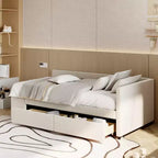 Lit de repos rembourré en bois en forme de L avec étagère de rangement latérale, lit de jour en velours pour chambre à coucher avec 2 tiroirs, taille simple