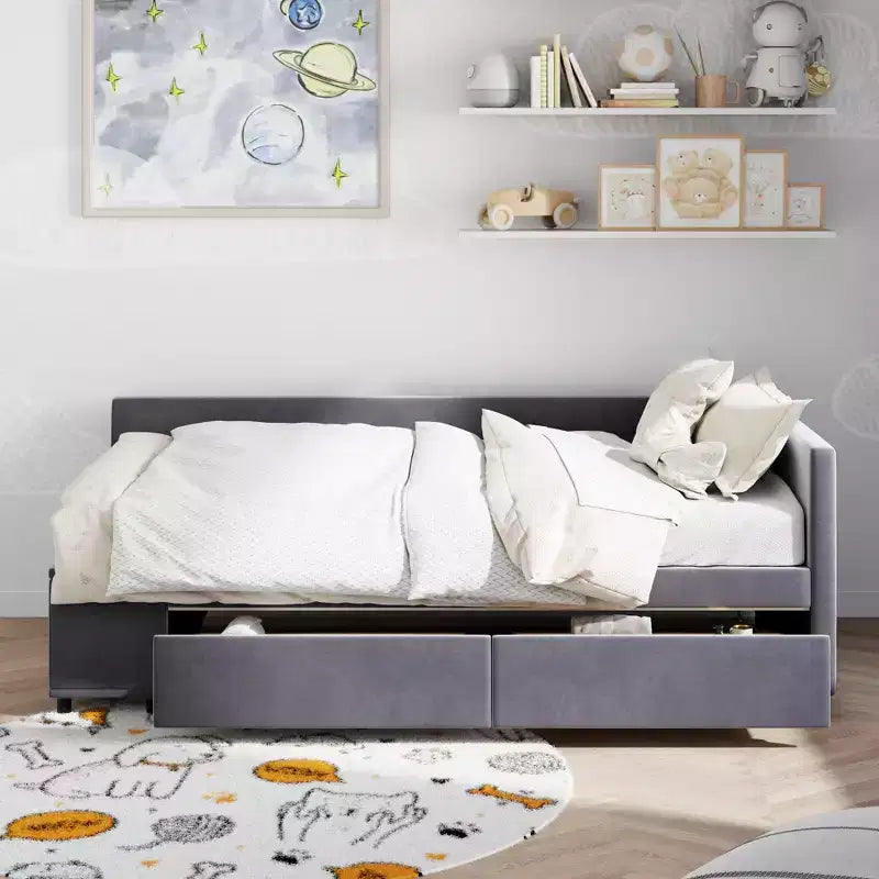 Lit de repos rembourré en bois en forme de L avec étagère de rangement latérale, lit de jour en velours pour chambre à coucher avec 2 tiroirs, taille simple