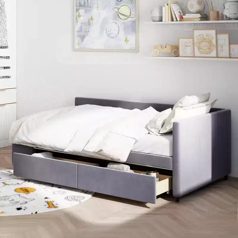 Lit de repos rembourré en bois en forme de L avec étagère de rangement latérale, lit de jour en velours pour chambre à coucher avec 2 tiroirs, taille simple