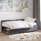 Lit de repos rembourré en bois en forme de L avec étagère de rangement latérale, lit de jour en velours pour chambre à coucher avec 2 tiroirs, taille simple