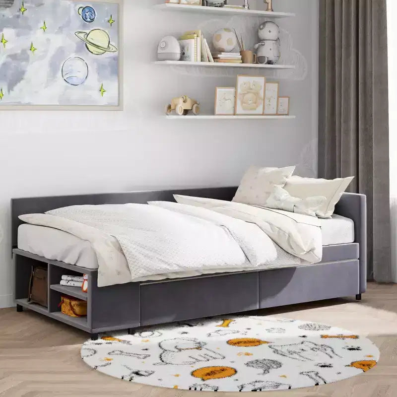 Lit de repos rembourré en bois en forme de L avec étagère de rangement latérale, lit de jour en velours pour chambre à coucher avec 2 tiroirs, taille simple