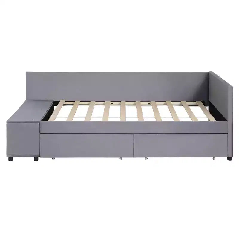 Lit de repos rembourré en bois en forme de L avec étagère de rangement latérale, lit de jour en velours pour chambre à coucher avec 2 tiroirs, taille simple