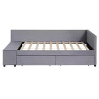 Lit de repos rembourré en bois en forme de L avec étagère de rangement latérale, lit de jour en velours pour chambre à coucher avec 2 tiroirs, taille simple