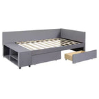 Lit de repos rembourré en bois en forme de L avec étagère de rangement latérale, lit de jour en velours pour chambre à coucher avec 2 tiroirs, taille simple
