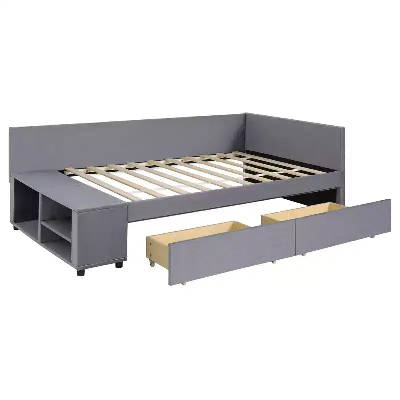 Lit de repos rembourré en bois en forme de L avec étagère de rangement latérale, lit de jour en velours pour chambre à coucher avec 2 tiroirs, taille simple