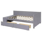 Lit de repos rembourré en bois en forme de L avec étagère de rangement latérale, lit de jour en velours pour chambre à coucher avec 2 tiroirs, taille simple