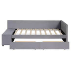 Lit de repos rembourré en bois en forme de L avec étagère de rangement latérale, lit de jour en velours pour chambre à coucher avec 2 tiroirs, taille simple