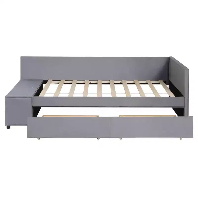 Lit de repos rembourré en bois en forme de L avec étagère de rangement latérale, lit de jour en velours pour chambre à coucher avec 2 tiroirs, taille simple