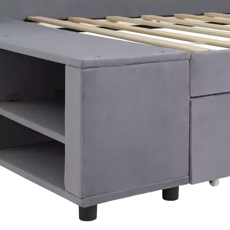 Lit de repos rembourré en bois en forme de L avec étagère de rangement latérale, lit de jour en velours pour chambre à coucher avec 2 tiroirs, taille simple